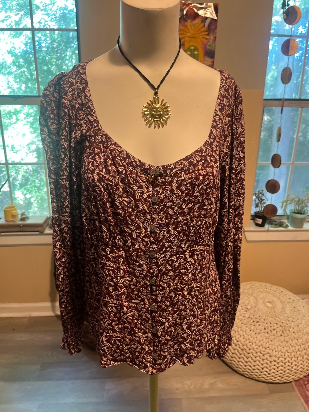Loft Women's Burgundy Floral Button-Front Long Sleeve Top boho casual